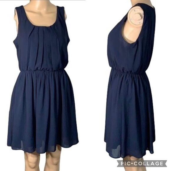 BCX Womens Blouson Dress Sheer Layered Sleeveless Pullover Navy Blue Medium - Picture 1 of 9